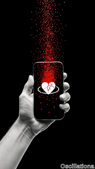 A monochrome hand holds a smartphone against a black background, its screen displaying a white cracked heart encircled by a ring as red particles stream upward from the device.