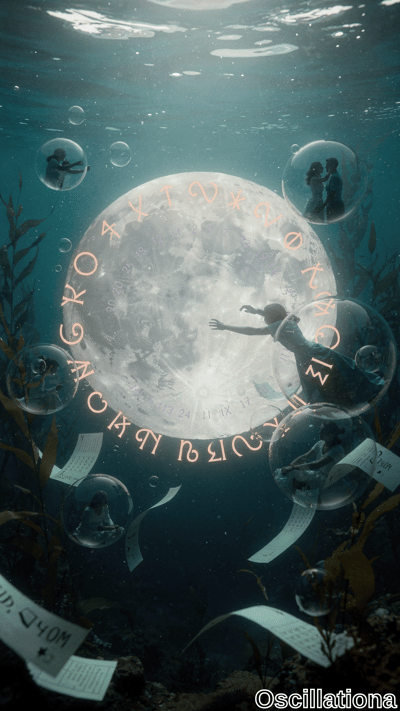 Surreal underwater artwork in deep teal-blue tones: luminous white moon orb ringed by glowing orange Greek letters "ΧΡΟΝΟΛΟΓΙΟ" and floating dates like 1-25. Silhouetted