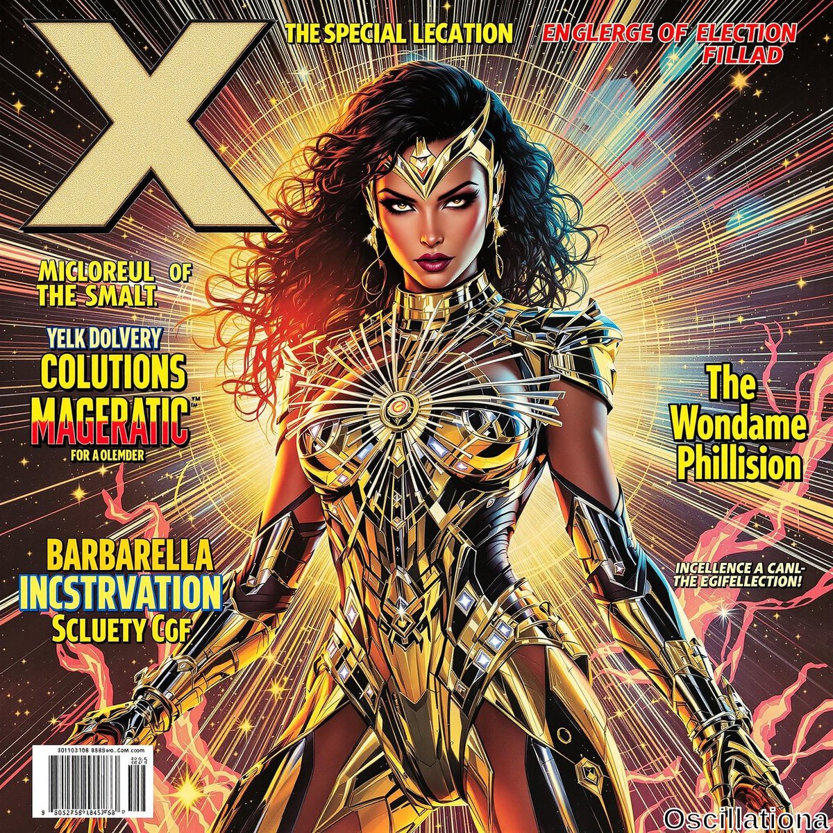 A regal woman in golden, intricately designed armor with a sunburst chest motif stands powerfully on a comic book cover