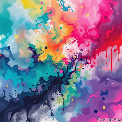 A vibrant abstract artwork showcasing a dynamic blend of bright yellows, oranges, pinks, reds, blues, greens, purples, and darker shades like black and navy blue