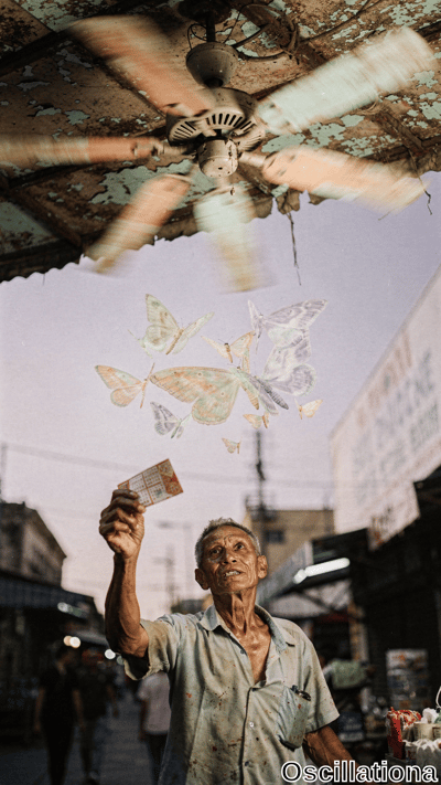 Elderly Asian man with wrinkled skin, gray hair, and wide-eyed smile excitedly raises red grid lottery ticket in bustling dusk street market. Stained blue shirt; surreal pastel butterflies flutter under rusty teal ceiling fan; neon haze,