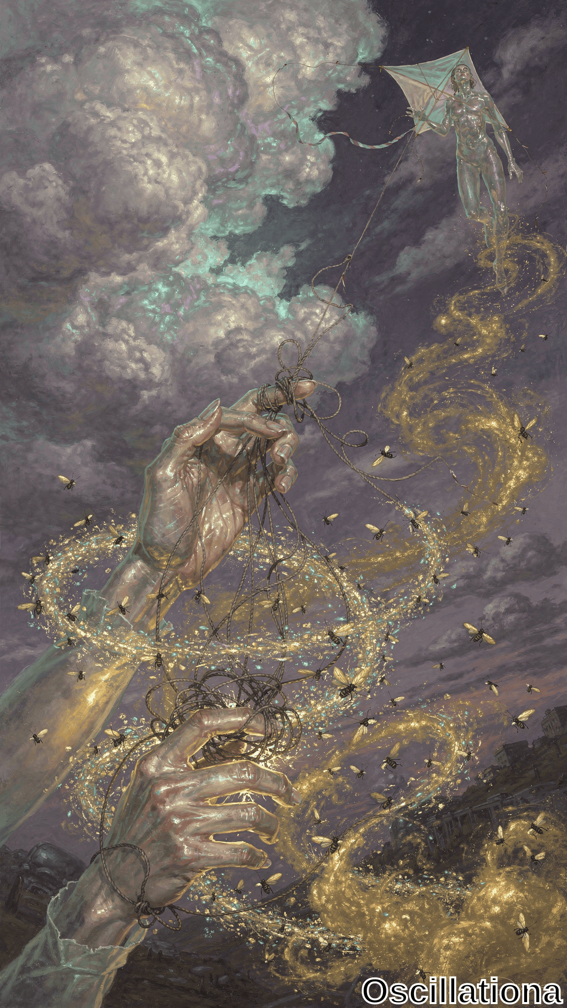 "Surreal painting with ethereal hands manipulating strings connected to a semi-transparent human figure lifted by a kite into a sky filled with swirling clouds in gray, blue, and purple; glowing golden and blue strings form intricate