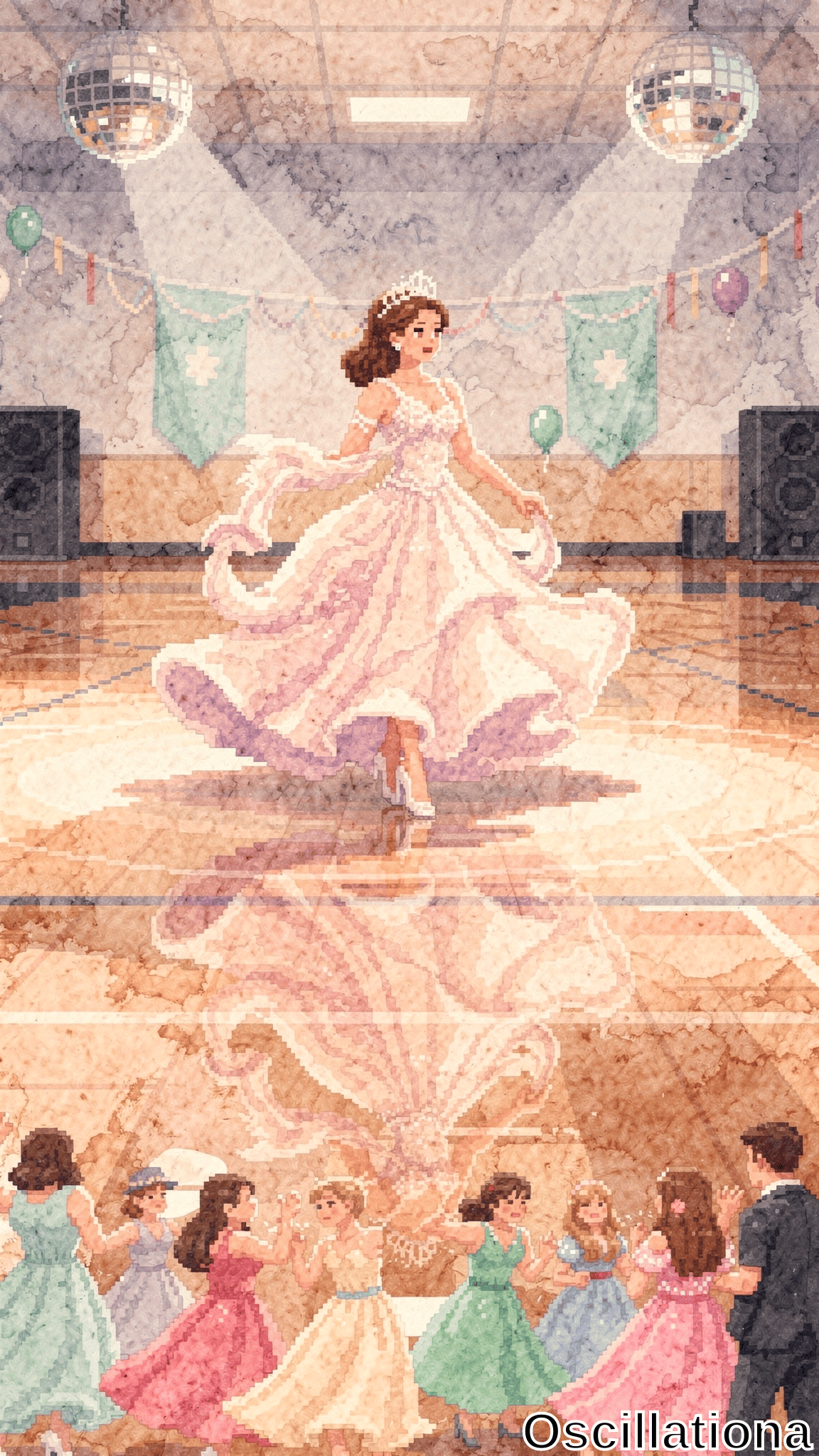 Vibrant pixelated watercolor artwork of school gym dance: elegant woman twirls in flowing pink gown under disco spotlights, her reflection on floor surrounded by kids in pastel dresses clapping and spinning festively.