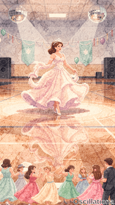 Vibrant pixelated watercolor artwork of school gym dance: elegant woman twirls in flowing pink gown under disco spotlights, her reflection on floor surrounded by kids in pastel dresses clapping and spinning festively.