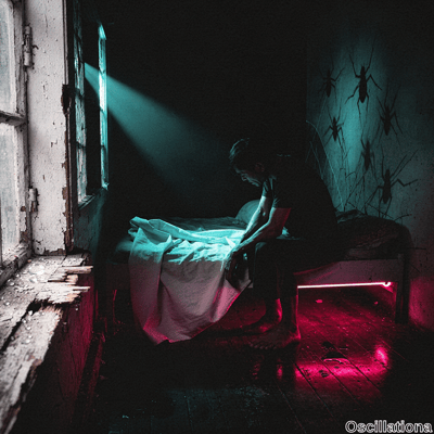 In a dimly lit abandoned bedroom, a barefoot young man in black slumps on bed edge with pink neon glow underneath; teal beam from shattered window casts eerie spider silhouettes on peeling walls.