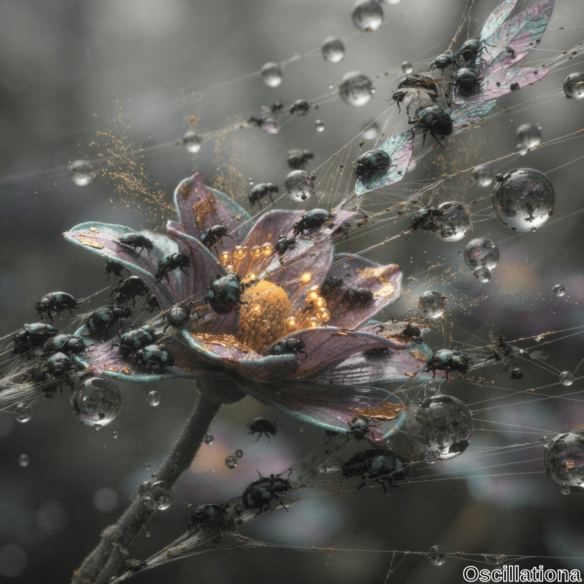 A surreal scene featuring a large, vibrant flower with purple, blue, and gold petals, and a glowing yellow center