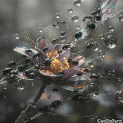 A surreal scene featuring a large, vibrant flower with purple, blue, and gold petals, and a glowing yellow center