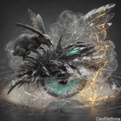 A surreal scene of a rabbit with a dark, metallic sheen leaping forward, adorned with large, translucent insect-like wings in shades of purple, green, and gold with intricate vein patterns and an iridescent quality
