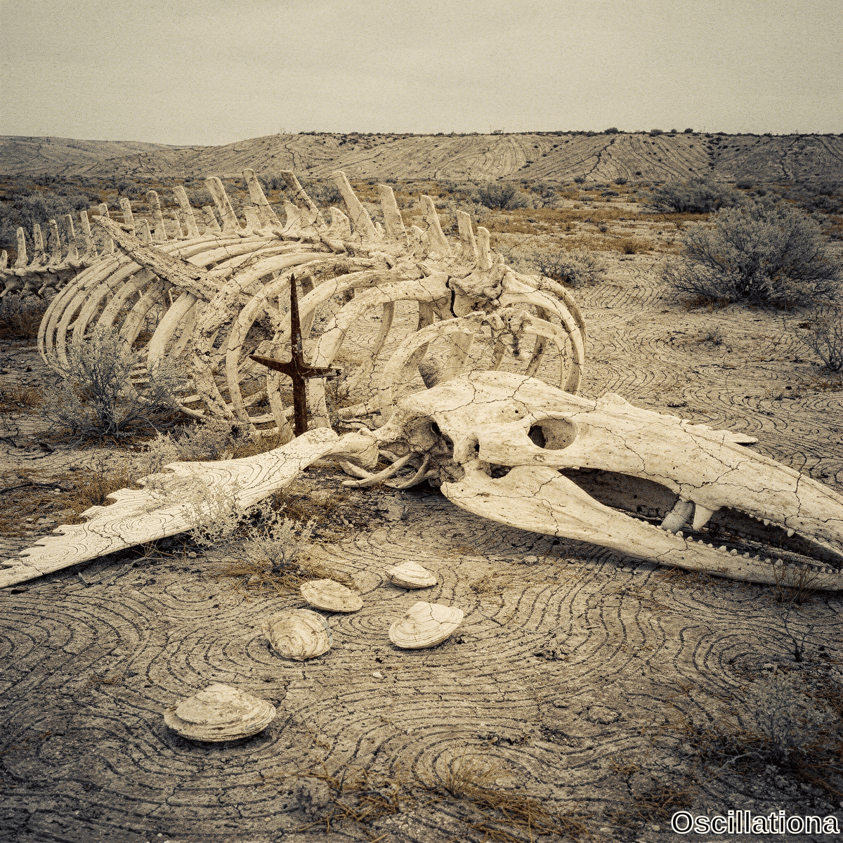 A sepia image of weathered whale skeleton on desert with skull in front, five white seashells, rusted cross among ribs with hills in distance.
.