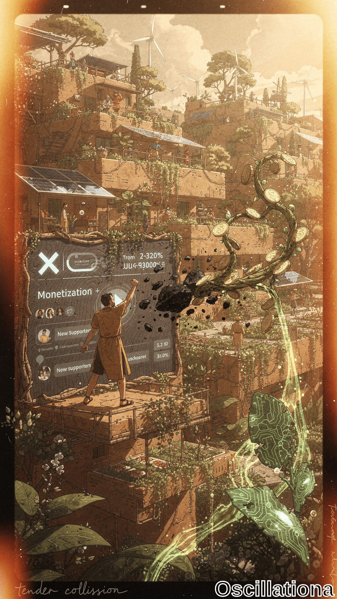 A woman in a brown dress gestures toward a floating monetization screen amid terraced buildings covered in greenery, solar panels, and wind turbines. Earthy tones mix with glowing green vines under warm vintage light, creating a hopeful solarpunk mood.