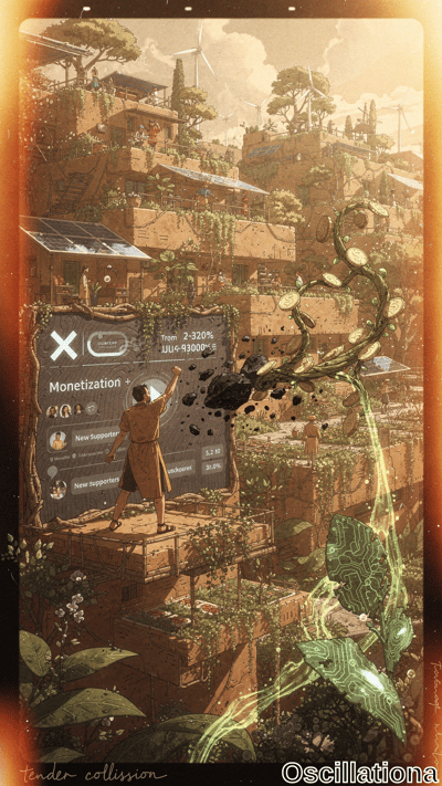 A woman in a brown dress gestures toward a floating monetization screen amid terraced buildings covered in greenery, solar panels, and wind turbines. Earthy tones mix with glowing green vines under warm vintage light, creating a hopeful solarpunk mood.