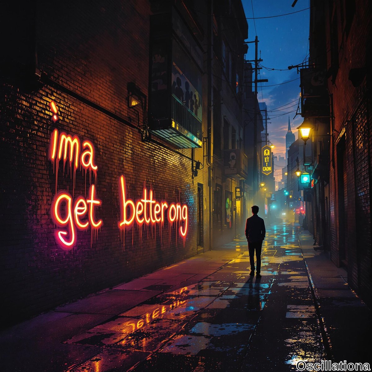 A narrow, dimly lit urban alleyway at night with wet pavement reflecting lights.