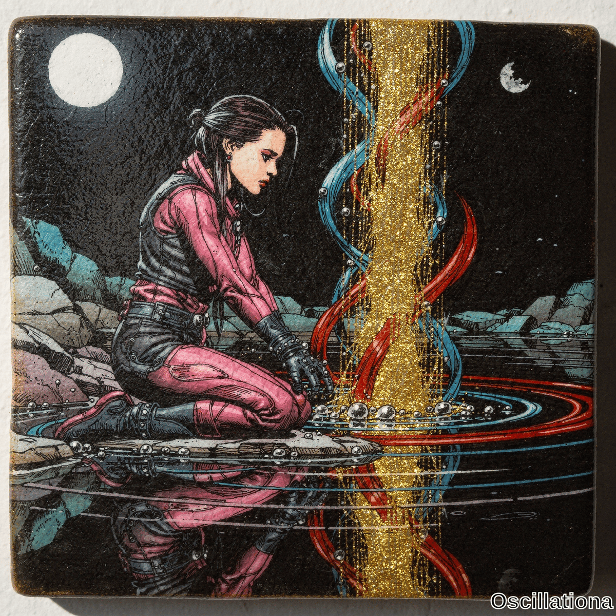 Cyberpunk woman in pink black suit with buns kneels by water reaching for gold glitter column with blue red ribbons silver spheres under two moons. 
The mixed-media night scene includes rocky outcrop dual moons and reflective dark water.
