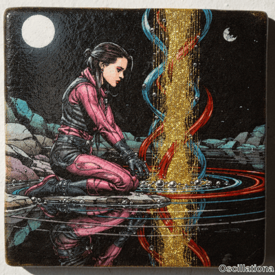 Cyberpunk woman in pink black suit with buns kneels by water reaching for gold glitter column with blue red ribbons silver spheres under two moons. 
The mixed-media night scene includes rocky outcrop dual moons and reflective dark water.