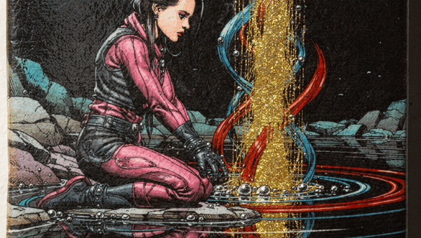 Cyberpunk woman in pink black suit with buns kneels by water reaching for gold glitter column with blue red ribbons silver spheres under two moons. 
The mixed-media night scene includes rocky outcrop dual moons and reflective dark water.