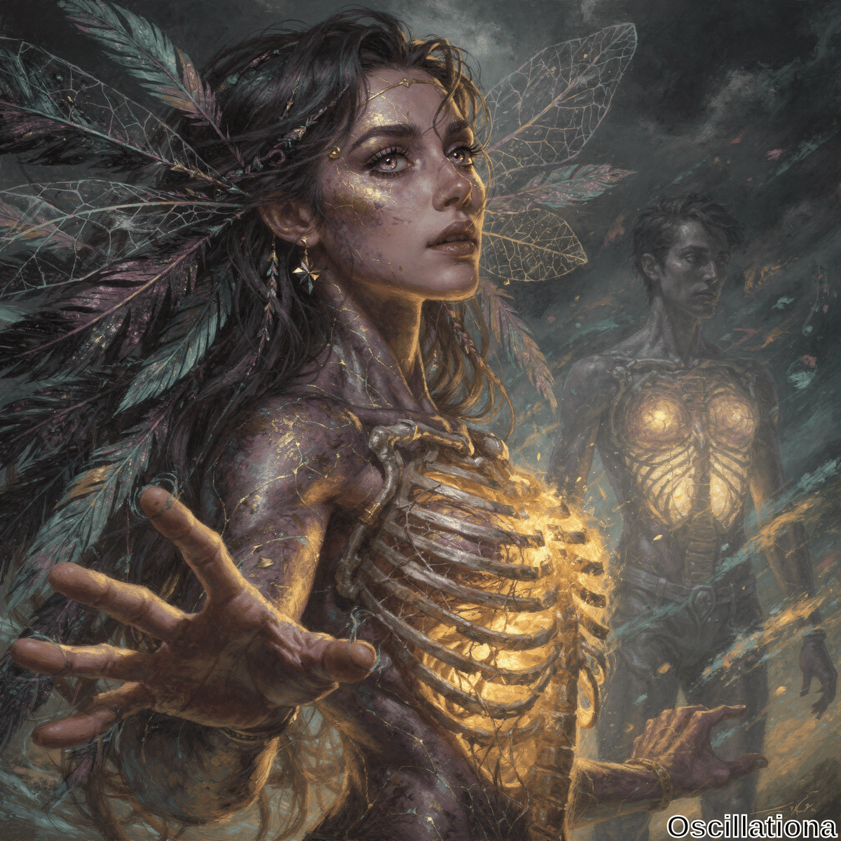 "Fantasy digital art depicting two ethereal figures; a woman with flowing dark hair and large, intricate feathers, her glowing ribcage exposed, casting a spell, and a partially obscured man with a similar mystical glow,