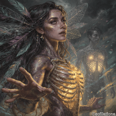 "Fantasy digital art depicting two ethereal figures; a woman with flowing dark hair and large, intricate feathers, her glowing ribcage exposed, casting a spell, and a partially obscured man with a similar mystical glow,