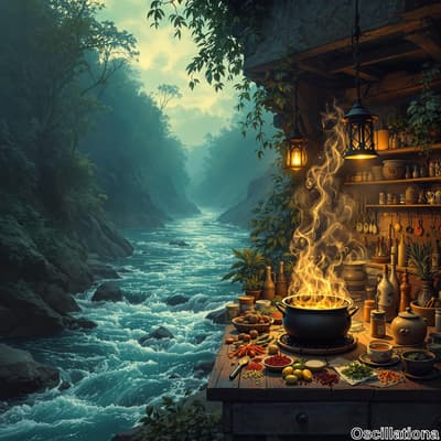 A serene riverside scene with dense green forests, featuring a rustic wooden table laden with colorful foods like lemons, oranges, carrots, and spices in bowls.