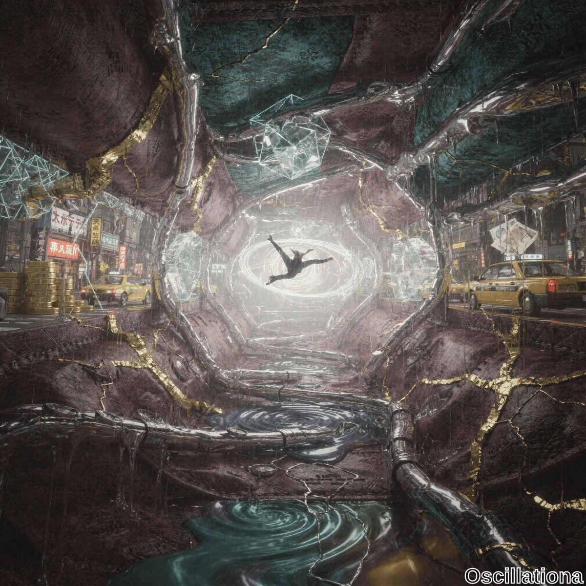 A person floats in a surreal, futuristic urban tunnel illuminated by ethereal light, surrounded by metallic walls with cracked, lava-like textures and golden veins