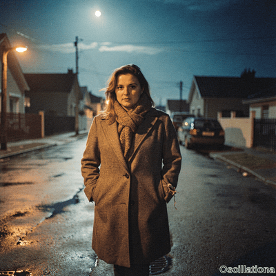 A somber young woman with light brown hair in wool coat and scarf stands in wet suburban street at night gazing at camera with somber expression hands in pockets with twigs lit by full moon and streetlamp casting reflections on damp asphalt with houses