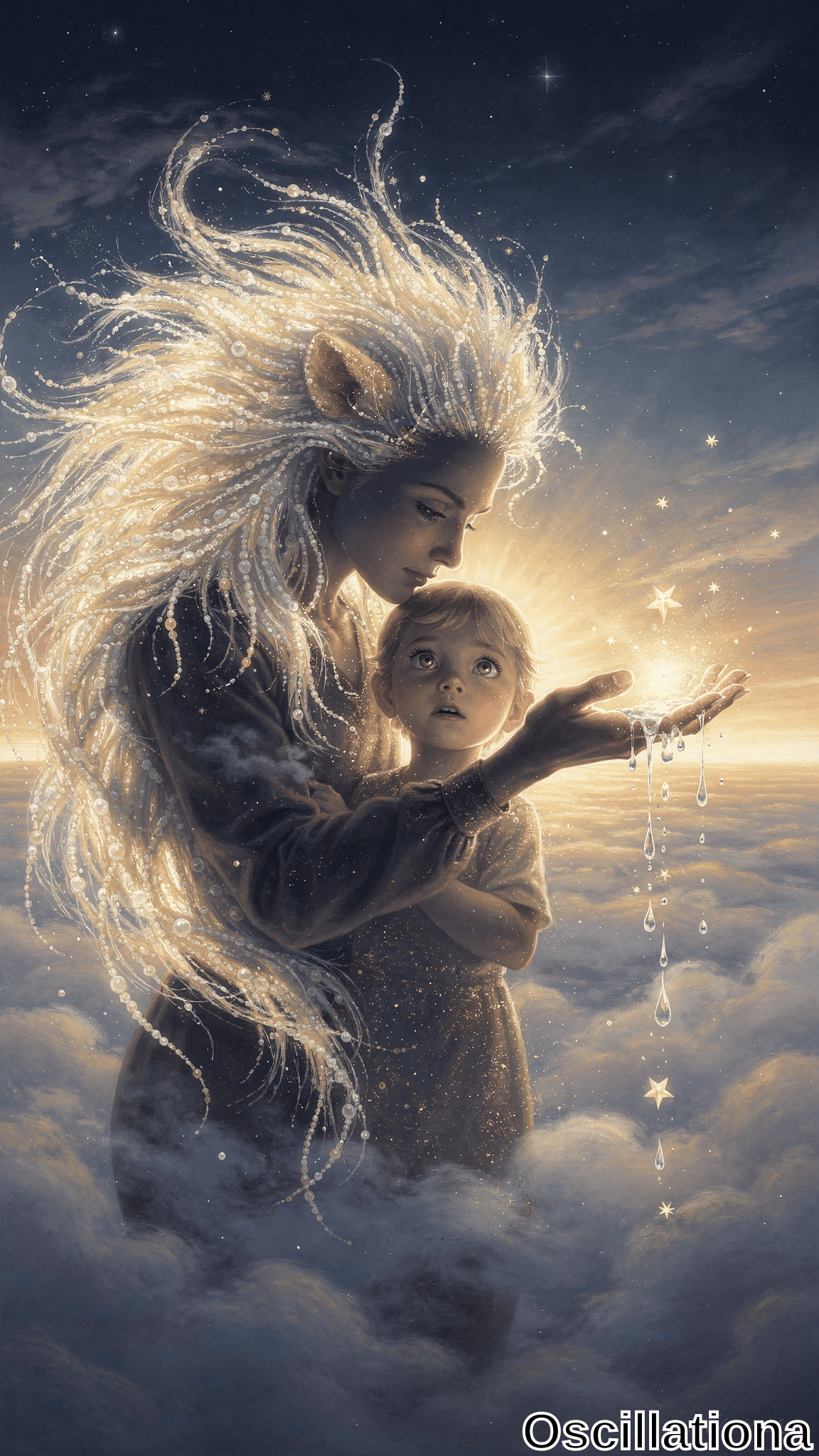 An ethereal elf with flowing white hair cradles a glowing child above moonlit clouds, pouring luminous water and stars from her hand into the night sky.