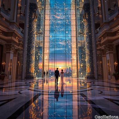 "A luxurious interior with a large glass wall showcasing a vibrant sunset over a city skyline, reflecting blue, orange, and purple hues.