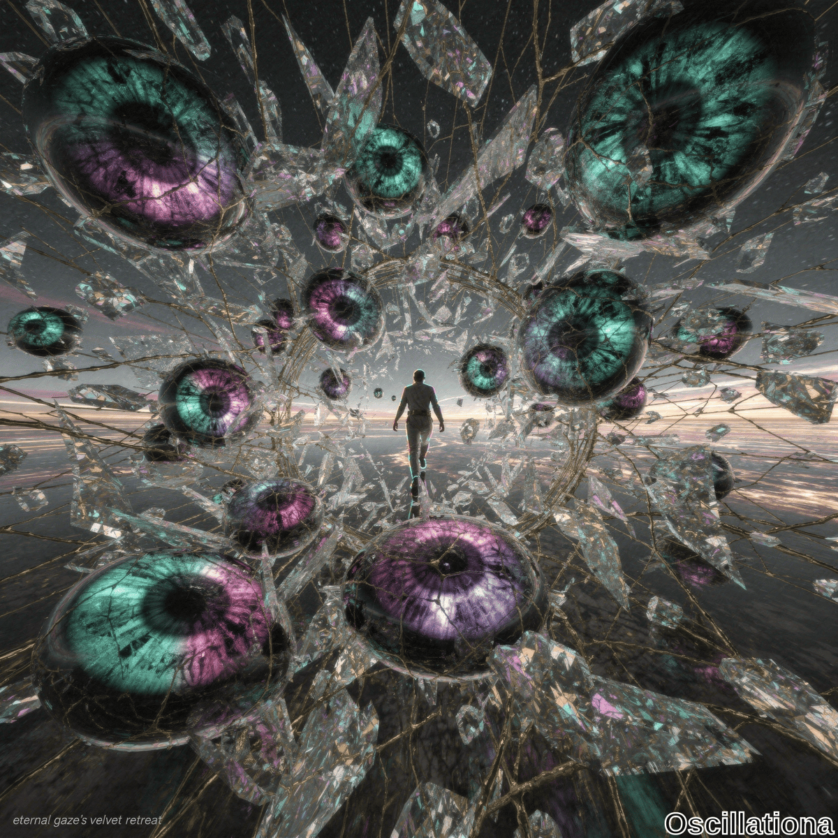 A solitary figure walks towards the viewer through a surreal tunnel of interconnected crystalline shards, each embedded with large, vibrant eyes in shades of teal, purple, and pink, featuring intricate vein-like patterns