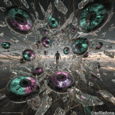 A solitary figure walks towards the viewer through a surreal tunnel of interconnected crystalline shards, each embedded with large, vibrant eyes in shades of teal, purple, and pink, featuring intricate vein-like patterns