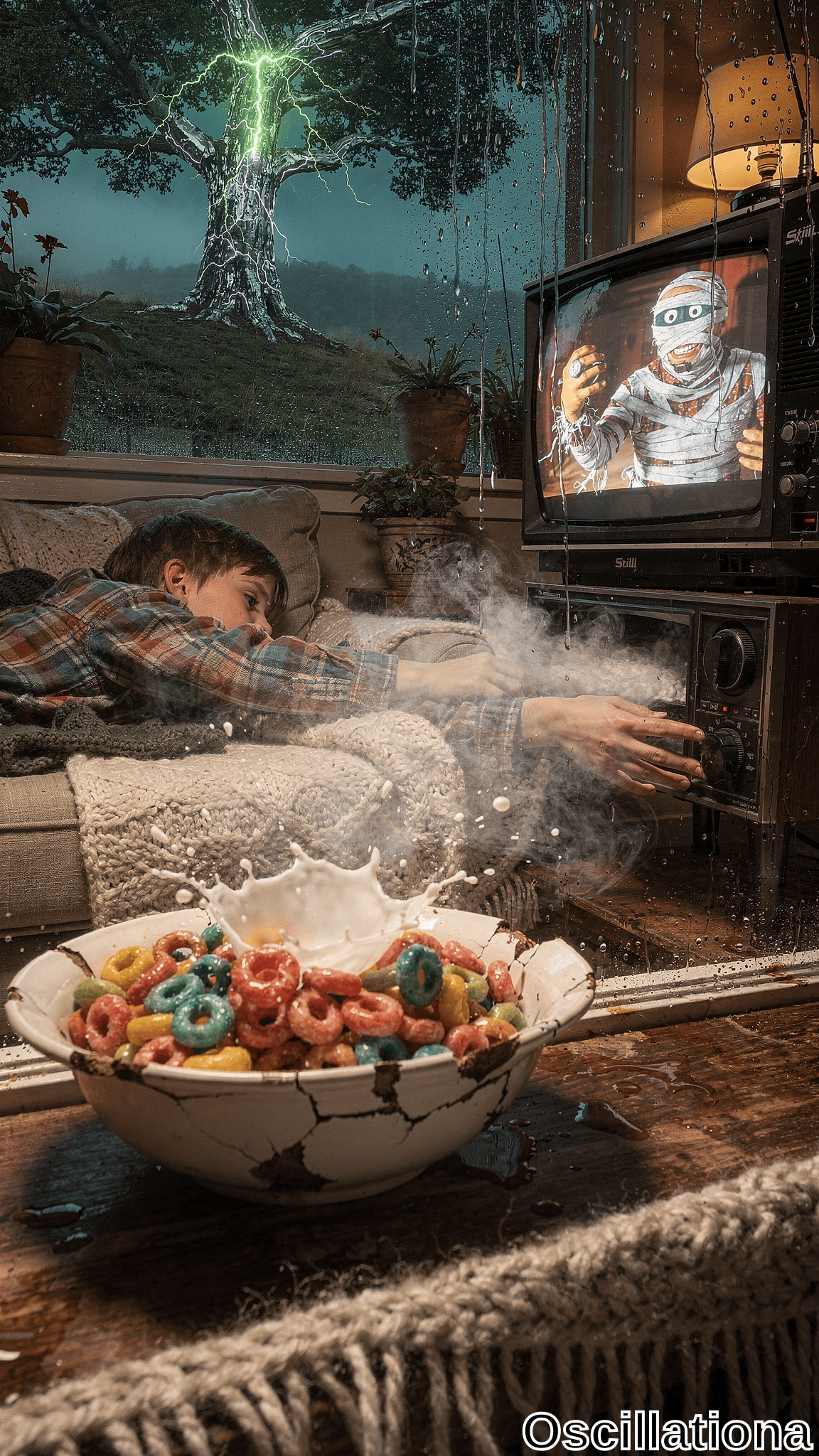 Dimly lit cozy living room on stormy night: rain-streaked windows reveal ancient tree struck by green lightning on misty hillside amid dark hills, red flowers, terracotta pots. Boy sleeps on beige couch in plaid flannel