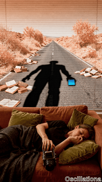 Surreal sepia-orange photo: young woman asleep on rust sofa clutching black Hasselblad camera under gray blanket amid green pillows; through orange blinds, desert road scattered with books, black silhouetted man arms outstretched over glowing blue