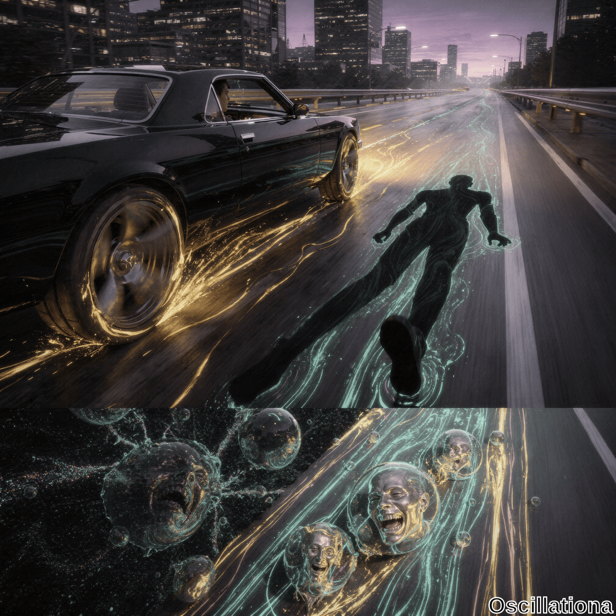 A surreal digital artwork split into two sections