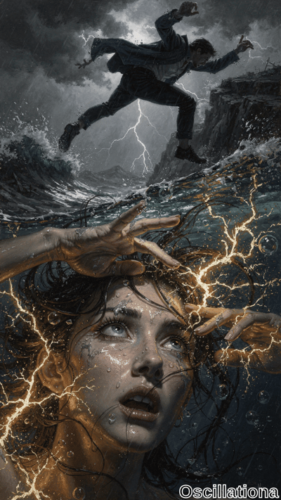 A man in a dark suit falls from a cliff into a stormy sea, reaching out desperately while clutching an object