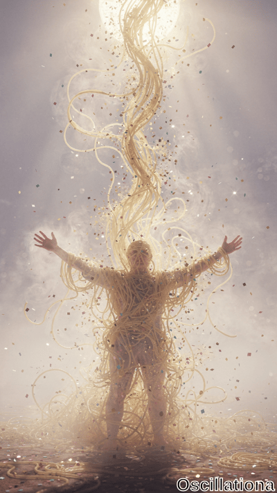 A nude woman stands with arms outstretched, her body wrapped in twisting golden noodle strands and sparkling particles beneath a bright overhead light. Soft mist and glowing particles create a surreal, luminous atmosphere.