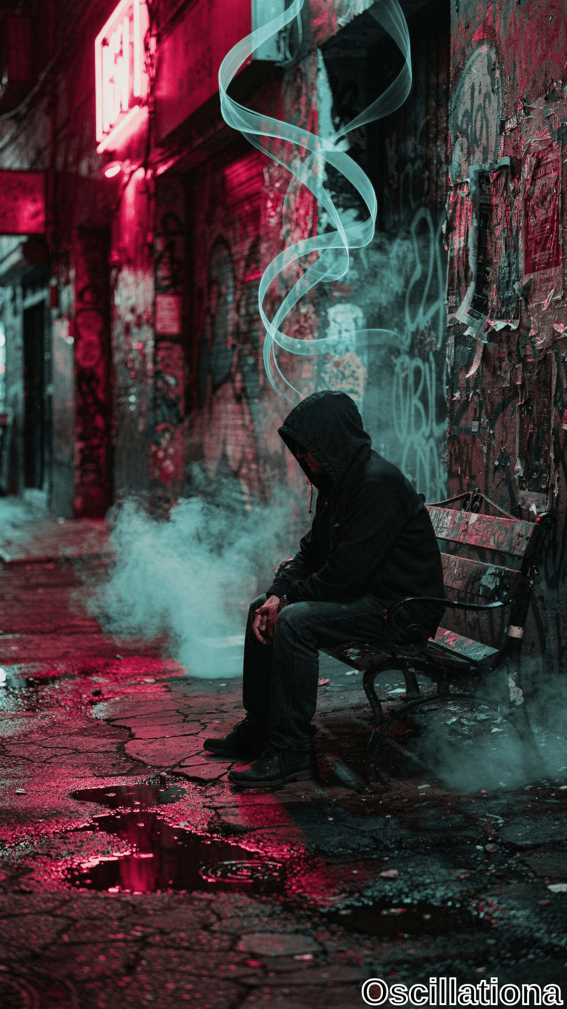 Cyberpunk alley at night: vibrant graffiti walls in reds, pinks, blues, greens, yellows lit by neon pink 'BAR' sign. Hooded figure slouches on red bench, teal-cyan smoke swirls from