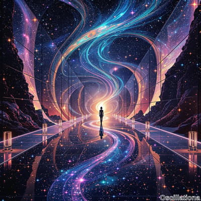 A solitary figure stands on a reflective path leading into a vibrant, swirling vortex of light in a cosmic landscape.