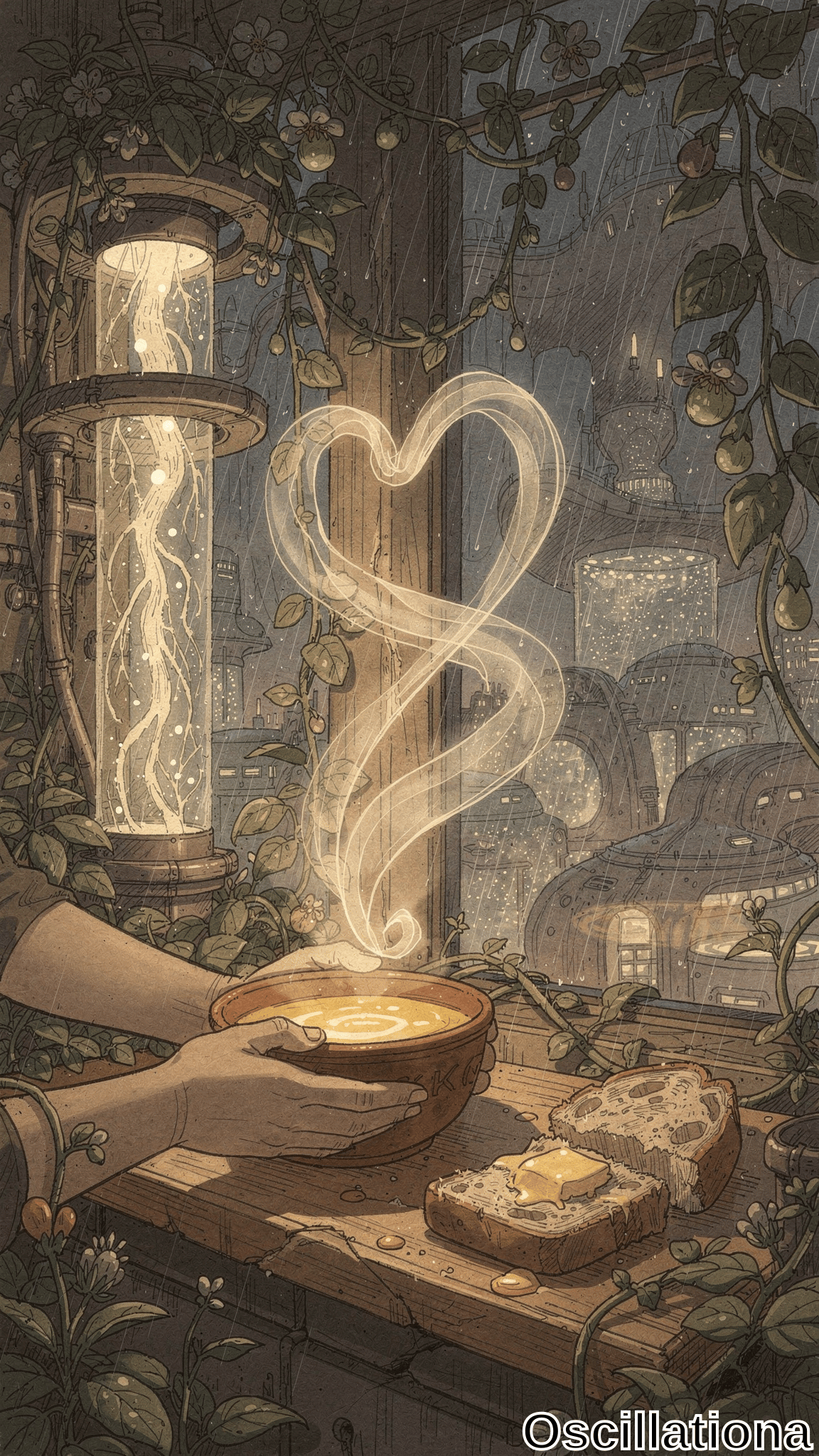 Cozy steampunk-cyberpunk windowsill framed by vines with flowers & berries, glowing brass cylinder crackling electric bolts. Pale hands hold steaming yellow soup with heart vapor, buttered bread; rainy neon city beyond.