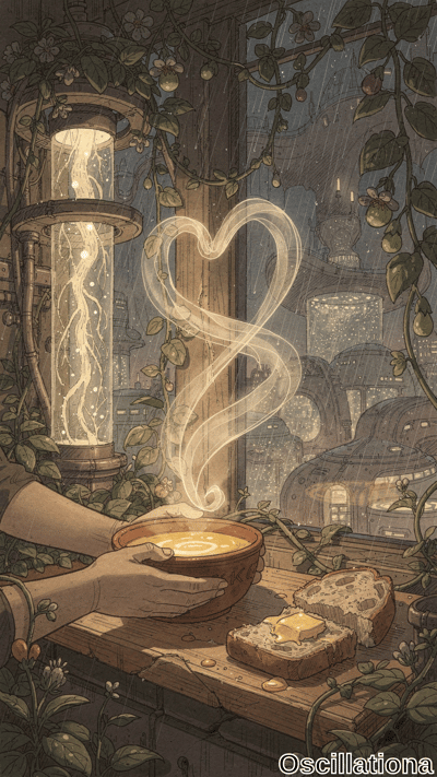 Cozy steampunk-cyberpunk windowsill framed by vines with flowers & berries, glowing brass cylinder crackling electric bolts. Pale hands hold steaming yellow soup with heart vapor, buttered bread; rainy neon city beyond.