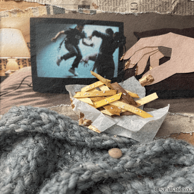 A mixed-media collage of cozy domestic scene with knit blanket foreground, fries container, woman's hand with ornate nails reaching for a fry and CRT TV with blue figures beside lamp on newspaper fabric layers. 
.