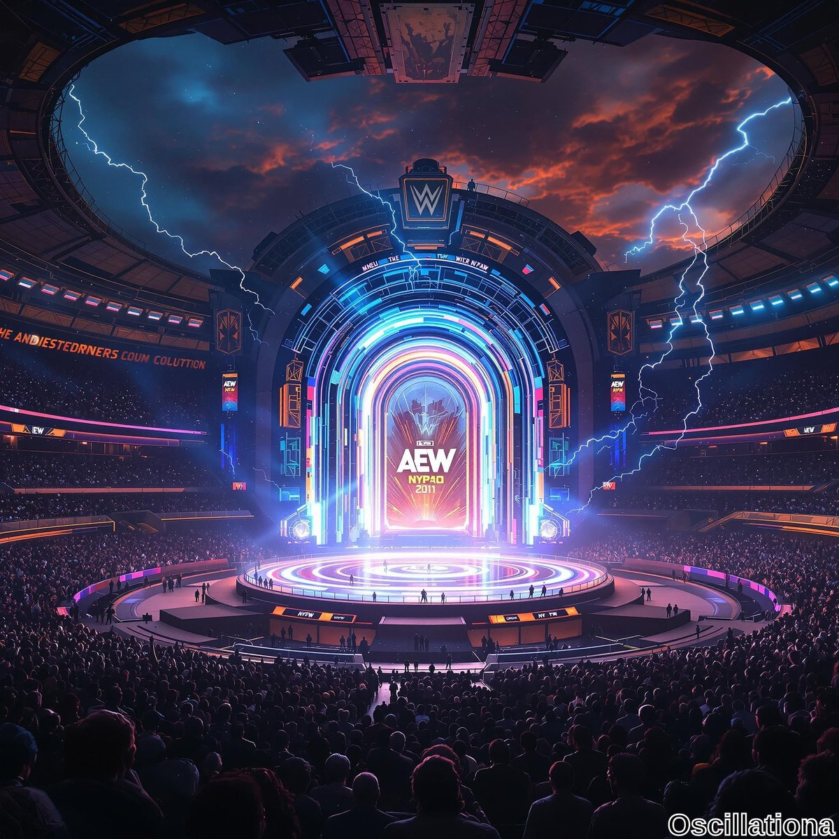 A dynamic AEW wrestling event with a large, illuminated stage featuring concentric circles in bright blue, purple, and white, creating an archway effect.