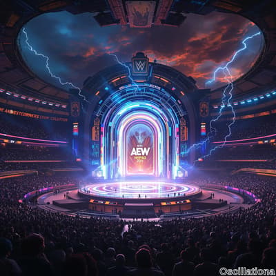 A dynamic AEW wrestling event with a large, illuminated stage featuring concentric circles in bright blue, purple, and white, creating an archway effect.