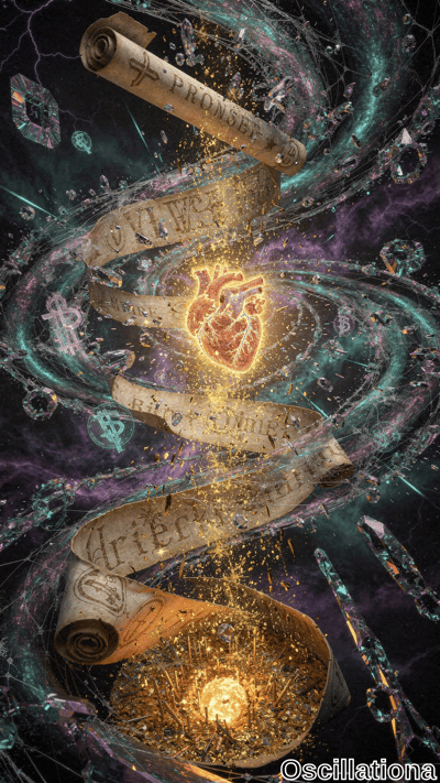 A surreal cosmic scene with ancient scrolls inscribed with "PROMSE," "LOVE," and other words spiraling around a radiant golden heart