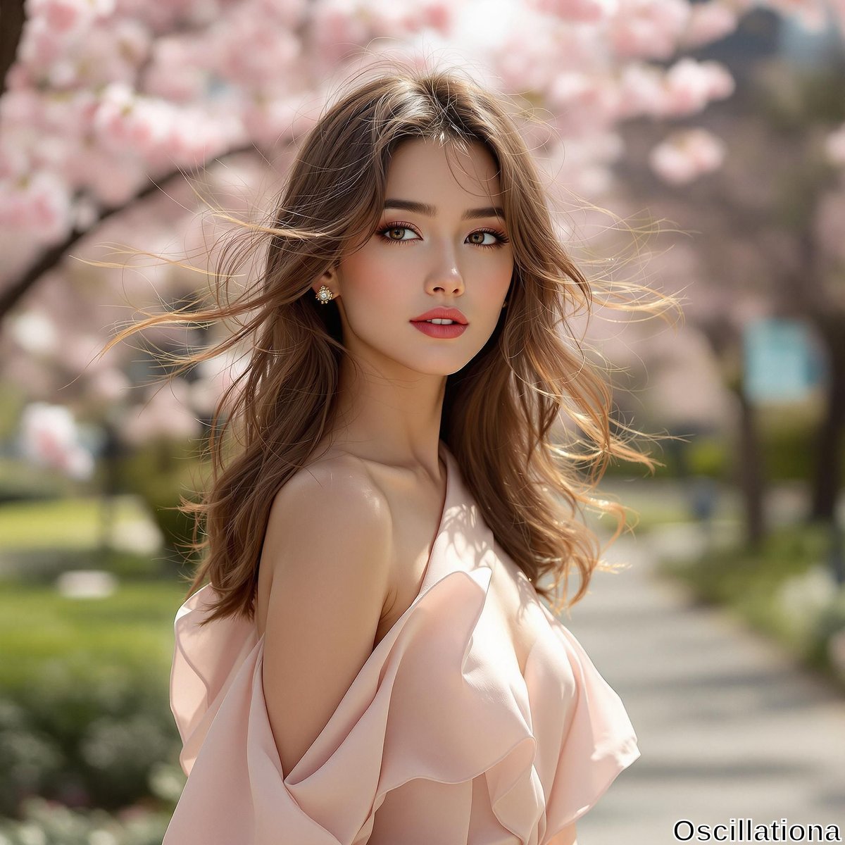 A young woman with long, flowing hair in soft waves wears a delicate off-shoulder pale pink dress with ruffles.