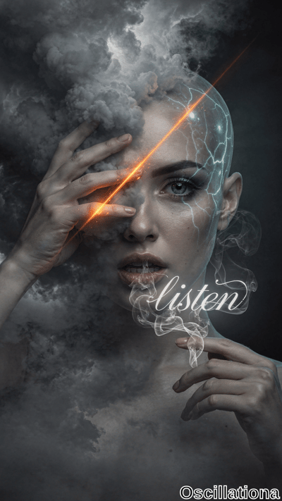 A bald woman with dark storm clouds enveloping half her head, an orange lightning crack across her face revealing a glowing skull, and smoke spelling listen from her lips. Dramatic photorealistic portrait in moody grays with vivid orange accents.