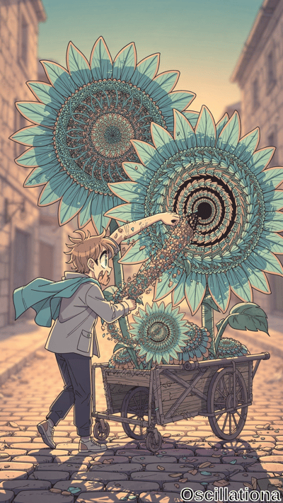 Anime boy with surprised expression pushes cart of teal sunflowers, reaching into spiraling black core of giant flower on cobblestone street at sunset.