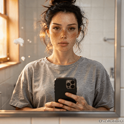 A young woman with fair skin covered in dense freckles and hazel eyes takes a mirror selfie in a sunlit bathroom with her dark brown hair in a messy top bun. 
The warm golden light creates a soft glow on her
