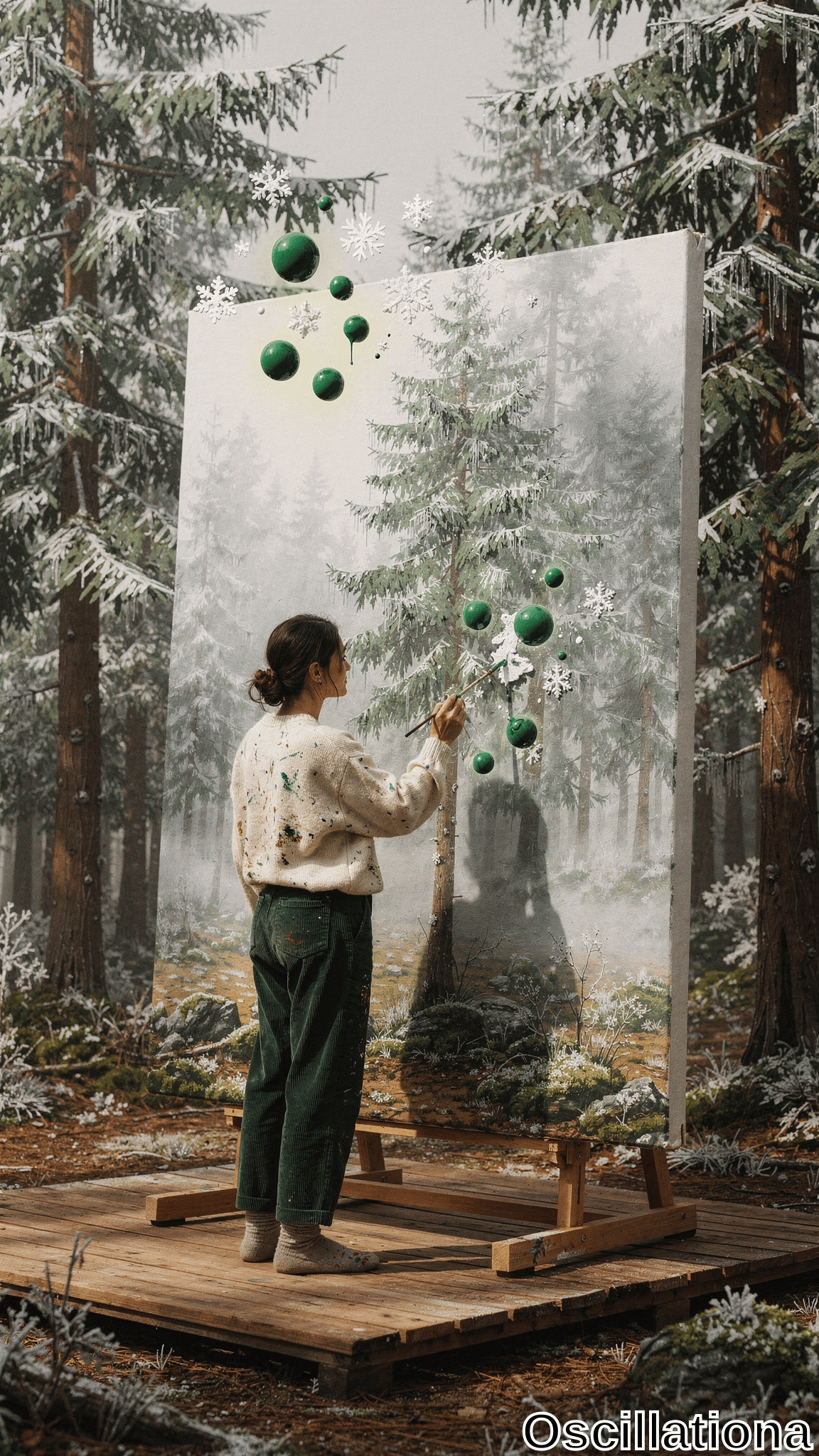A back-view of woman with bun in paint-splattered cream sweater, green corduroy pants, fuzzy socks painting snowy fir forest canvas on platform in mirroring woods as emerald-green orbs emerge, floating with snowflakes.