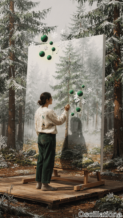 A back-view of woman with bun in paint-splattered cream sweater, green corduroy pants, fuzzy socks painting snowy fir forest canvas on platform in mirroring woods as emerald-green orbs emerge, floating with snowflakes.