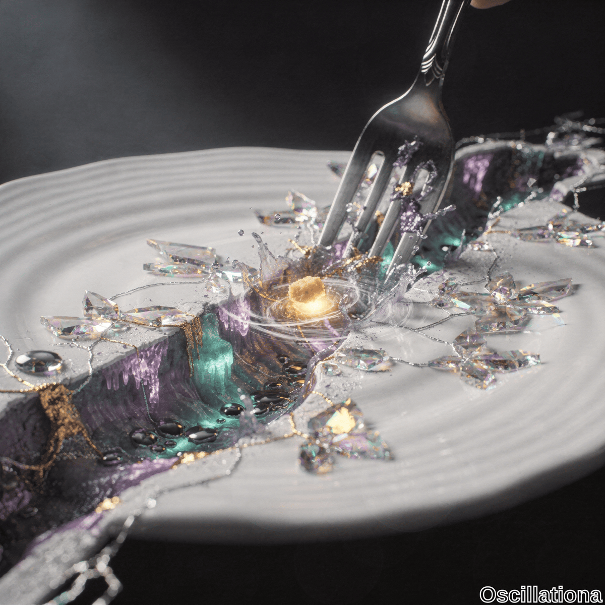 A white plate holds a surreal scene with a fork interacting with a golden cube at its center, surrounded by an explosion of vibrant glass or crystal fragments in purple, green, and gold