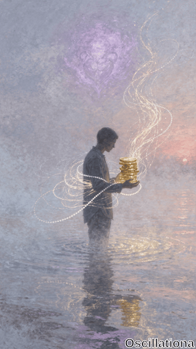 A solitary man stands waist-deep in calm water clutching a stack of glowing gold coins, encircled by luminous swirling trails beneath a purple smoky emblem in a hazy pink-blue sky.