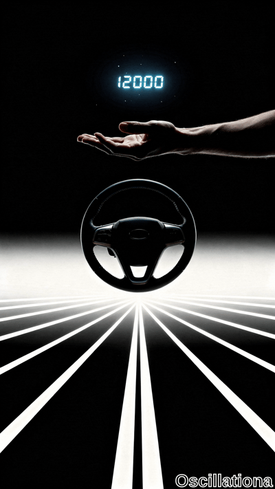 A high-contrast image with a black background features a glowing blue digital display at the top showing "12000"